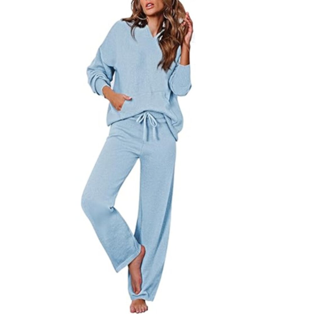 NEW Viottiset 2 Piece Set Knit Sweater Hoodie Pullover Wide Leg Pants Lounge Set